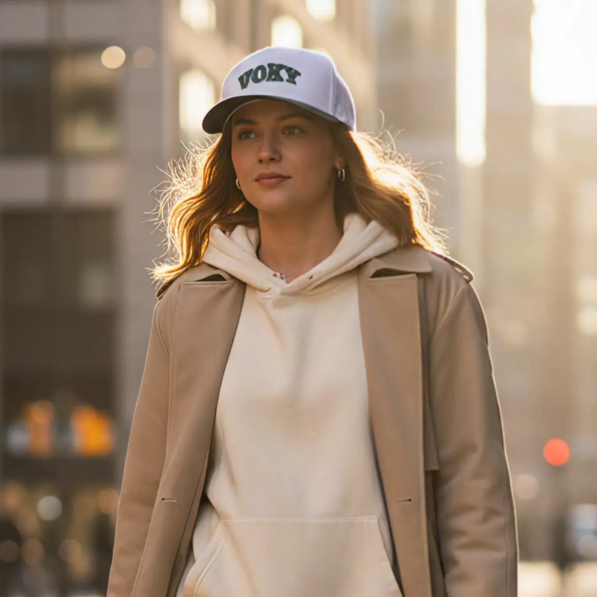 Kvinna i vit Voky-keps och beige kappa p&aring; stadsgata.