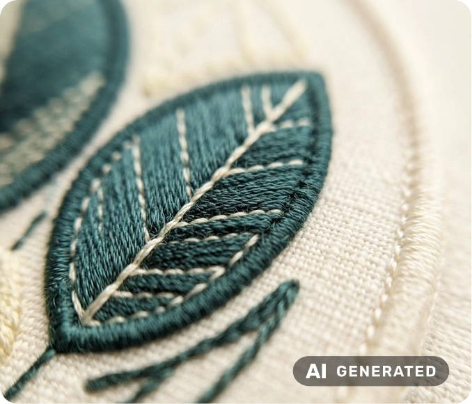 AI-genererad bild. N&auml;rbild p&aring; ett cremef&auml;rgat broderat m&auml;rke med m&ouml;rkgr&ouml;nt bladmotiv.