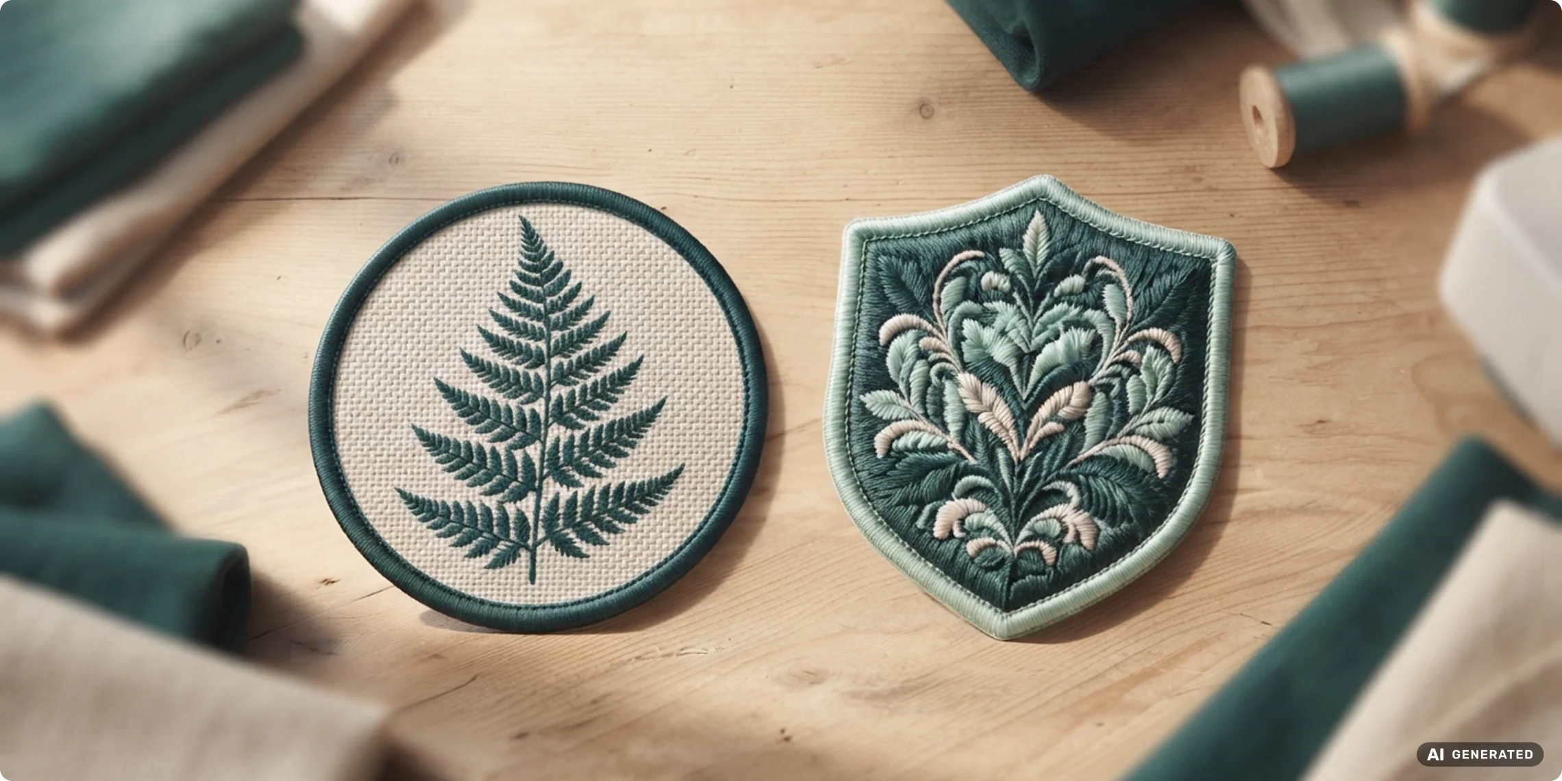 AI-genererad bild. Ett runt v&auml;vt m&auml;rke med ormbunksmotiv och ett sk&ouml;ldformat broderat m&auml;rke med blommotiv, p&aring; en tr&auml;b&auml;nk