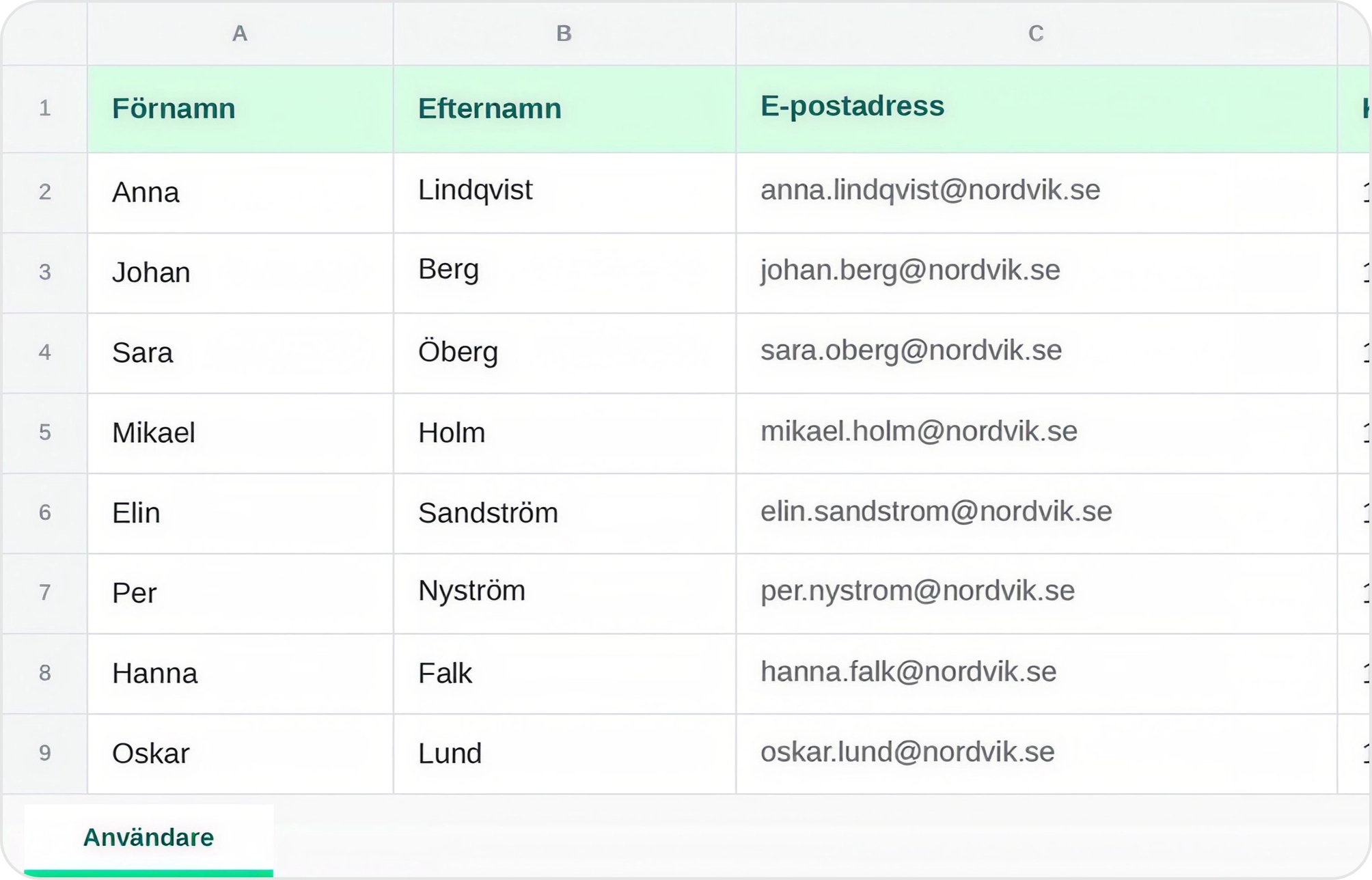 Ett Excel-ark med kolumnerna förnamn, efternamn, e-postadress och kundnummer, ifyllt med åtta användare.